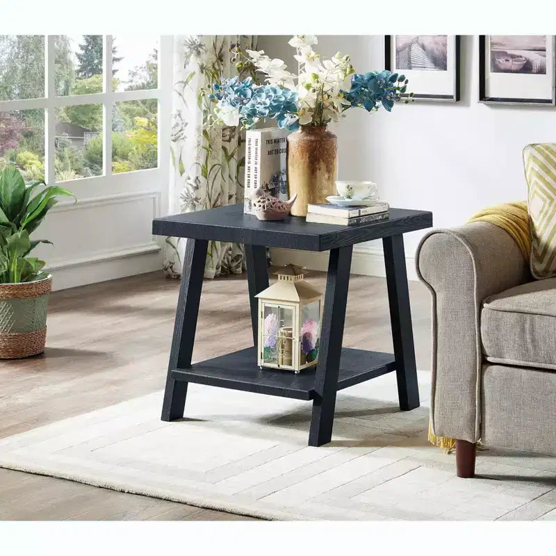 Mesa auxiliar individual negra contemporánea con estante