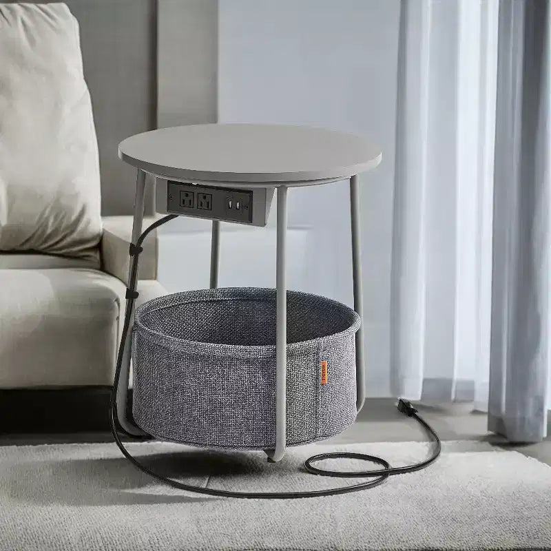 Mesa Auxiliar Redonda con Cesta de Almacenamiento, Varios Colores, Con/Sin USB, para 1