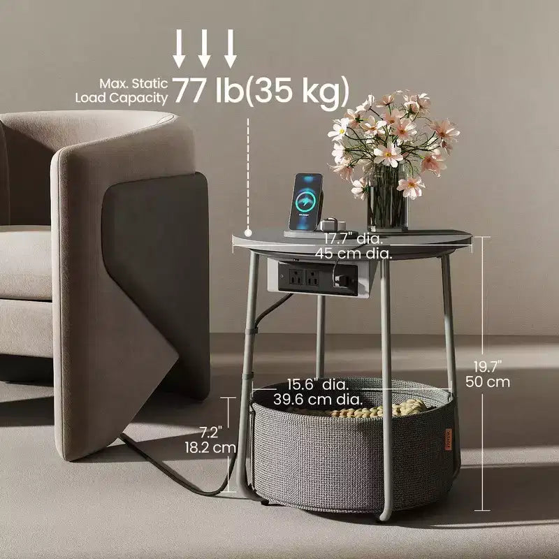 Mesa Auxiliar Redonda con Cesta de Almacenamiento, Varios Colores, Con/Sin USB, para 1