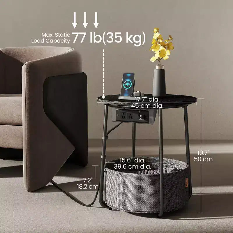 Mesa Auxiliar Redonda con Cesta de Almacenamiento, Varios Colores, Con/Sin USB, para 1