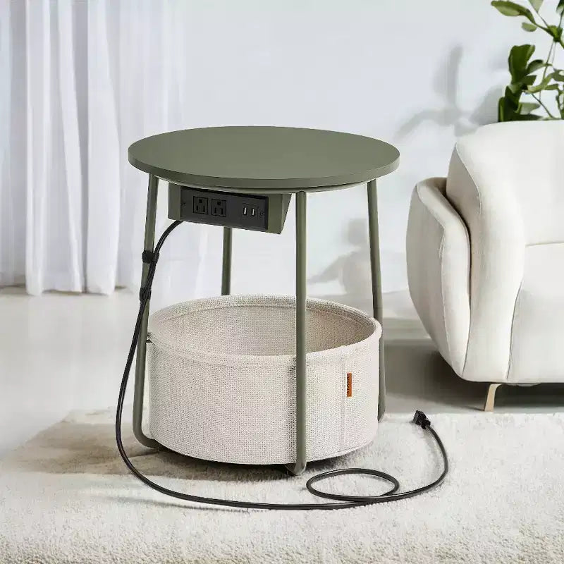 Mesa Auxiliar Redonda con Cesta de Almacenamiento, Varios Colores, Con/Sin USB, para 1