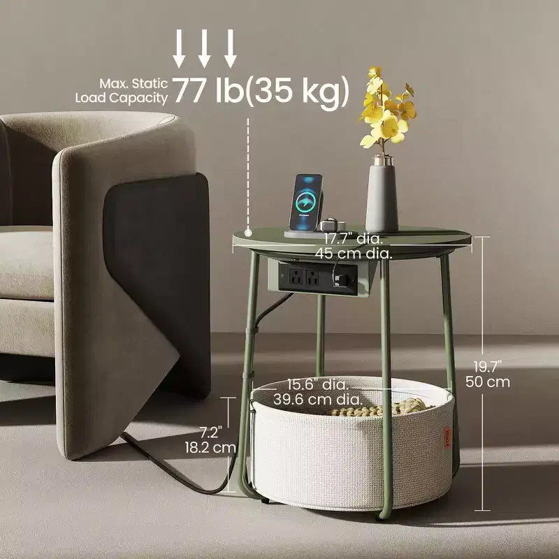 Mesa Auxiliar Redonda con Cesta de Almacenamiento, Varios Colores, Con/Sin USB, para 1
