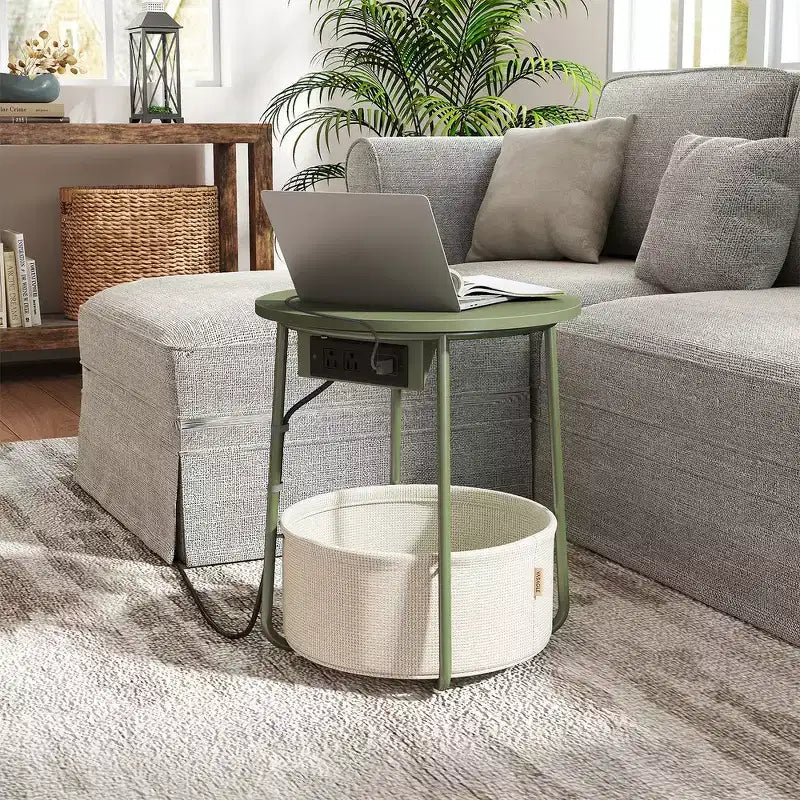 Mesa Auxiliar Redonda con Cesta de Almacenamiento, Varios Colores, Con/Sin USB, para 1