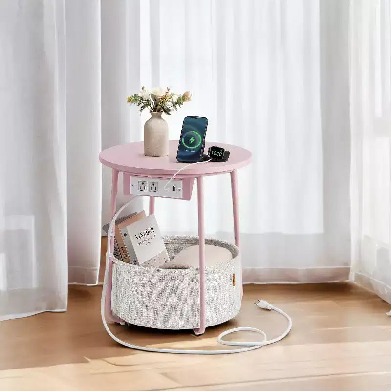 Mesa Auxiliar Redonda con Cesta de Almacenamiento, Varios Colores, Con/Sin USB, para 1