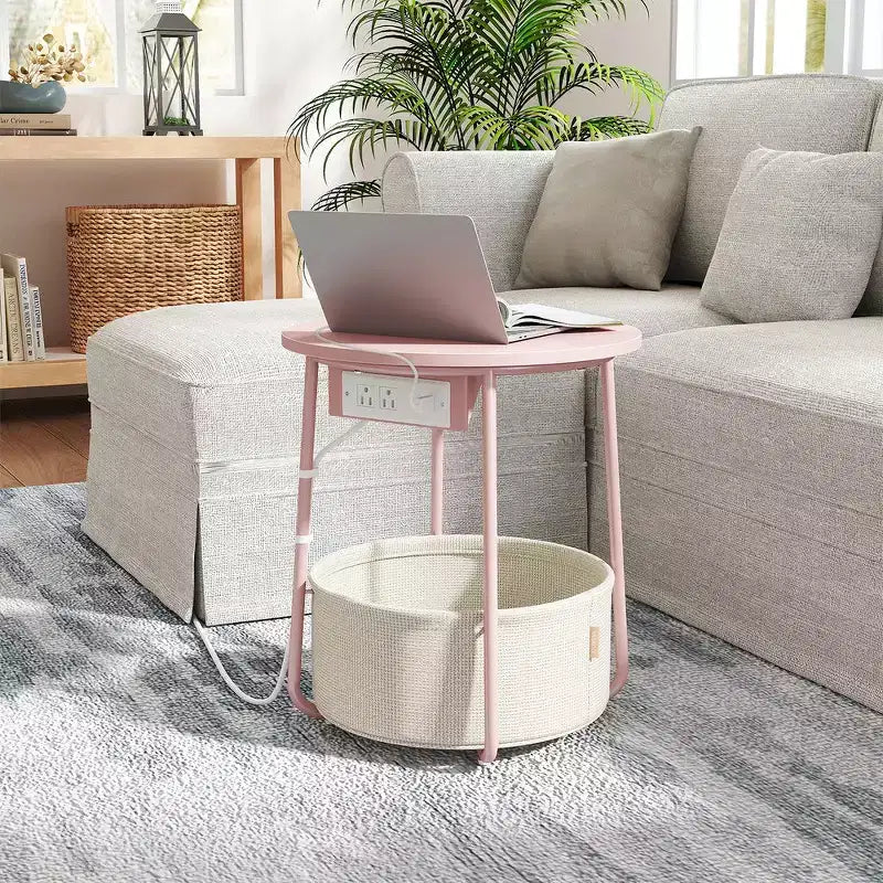 Mesa Auxiliar Redonda con Cesta de Almacenamiento, Varios Colores, Con/Sin USB, para 1