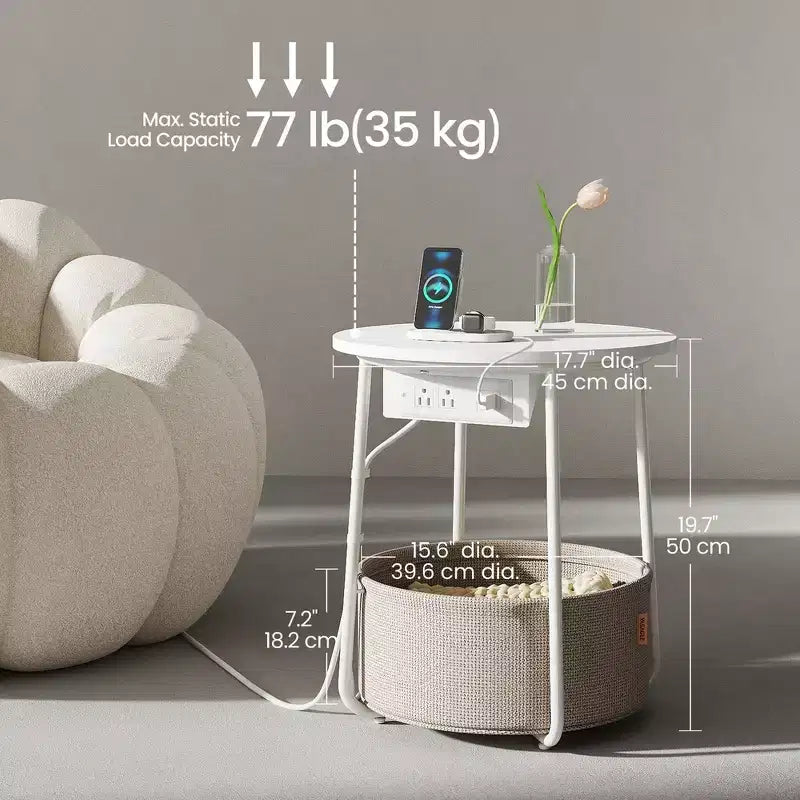Mesa Auxiliar Redonda con Cesta de Almacenamiento, Varios Colores, Con/Sin USB, para 1