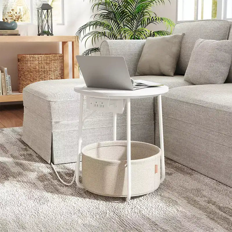 Mesa Auxiliar Redonda con Cesta de Almacenamiento, Varios Colores, Con/Sin USB, para 1