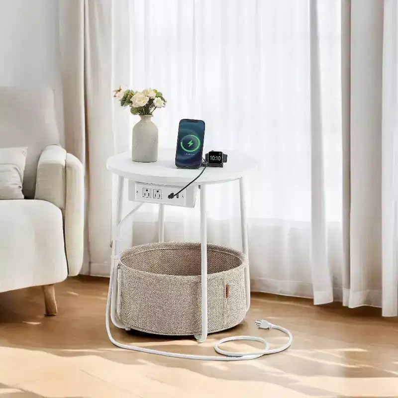Mesa Auxiliar Redonda con Cesta de Almacenamiento, Varios Colores, Con/Sin USB, para 1