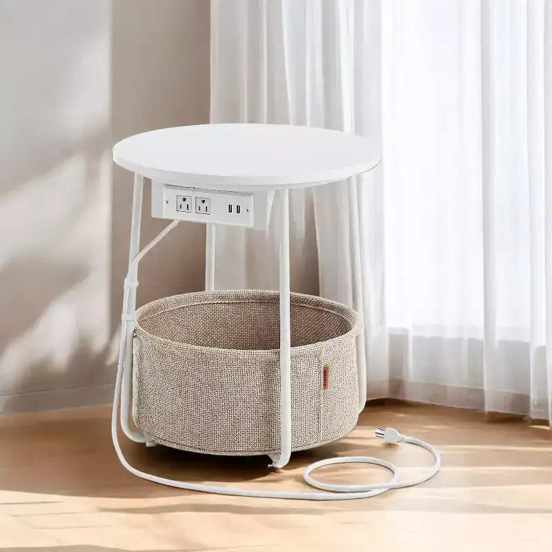 Mesa Auxiliar Redonda con Cesta de Almacenamiento, Varios Colores, Con/Sin USB, para 1