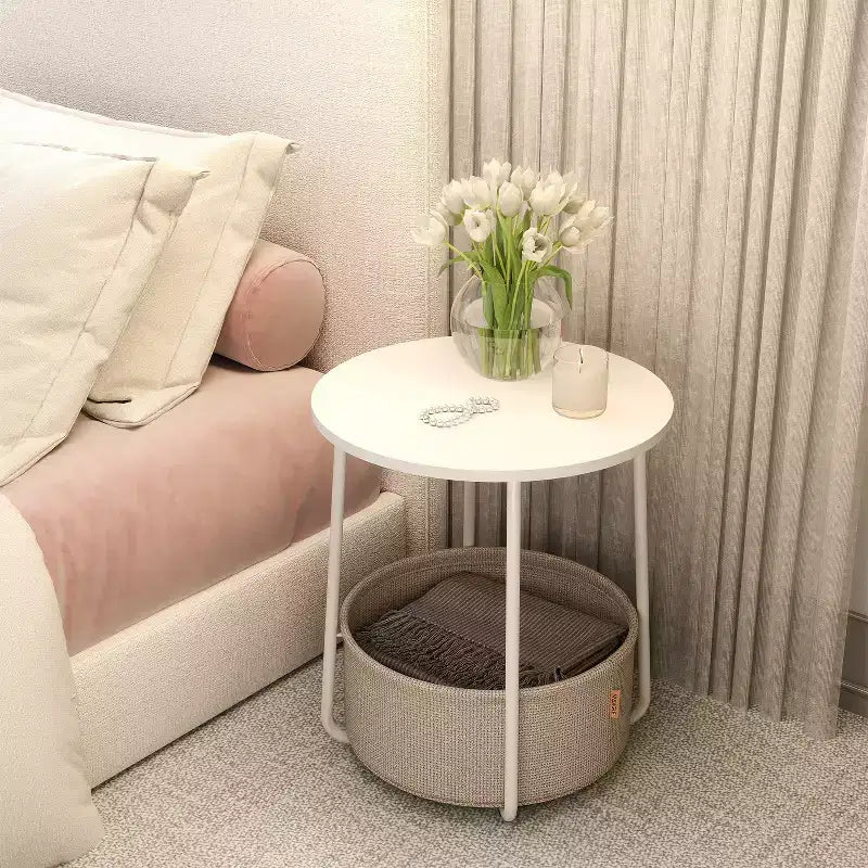 Mesa Auxiliar Redonda con Cesta de Almacenamiento, Varios Colores, Con/Sin USB, para 1