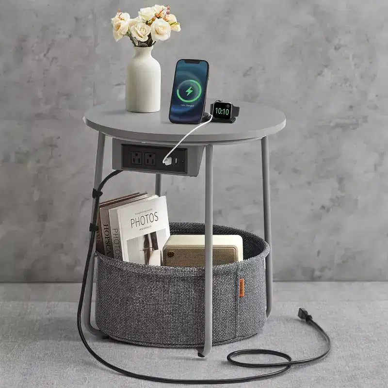Mesa Auxiliar Redonda con Cesta de Almacenamiento, Varios Colores, Con/Sin USB, para 1