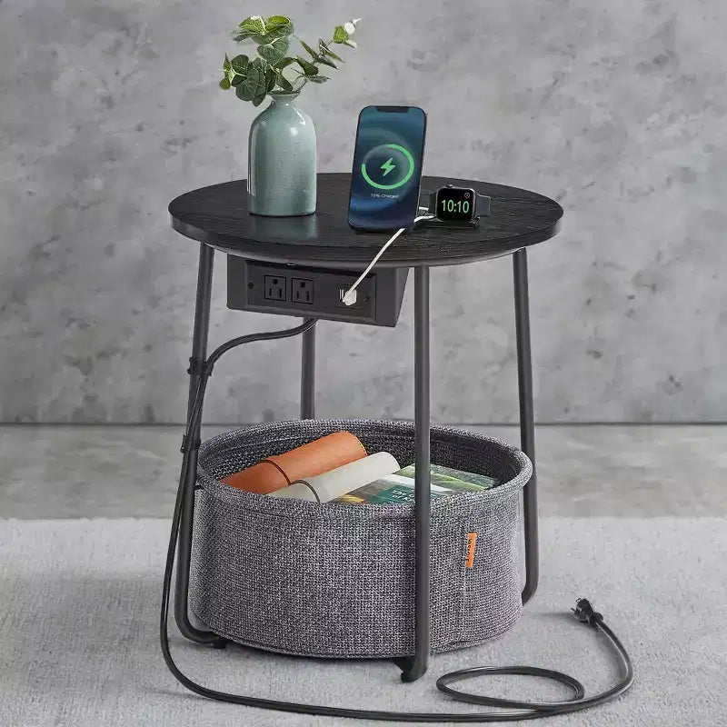 Mesa Auxiliar Redonda con Cesta de Almacenamiento, Varios Colores, Con/Sin USB, para 1