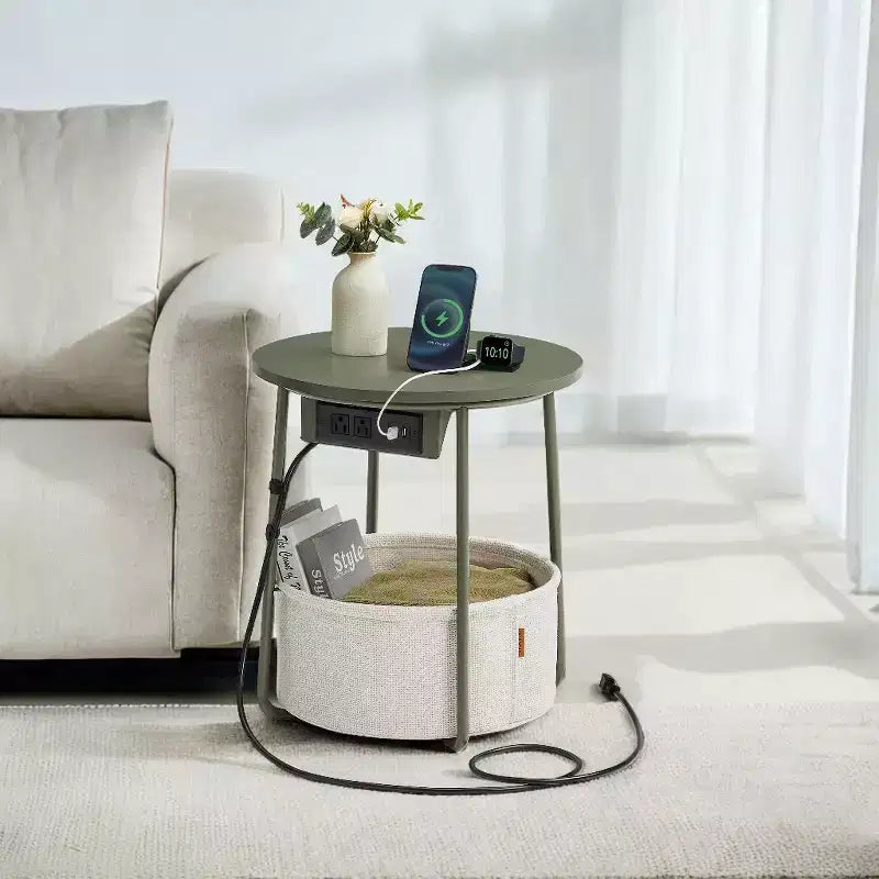 Mesa Auxiliar Redonda con Cesta de Almacenamiento, Varios Colores, Con/Sin USB, para 1