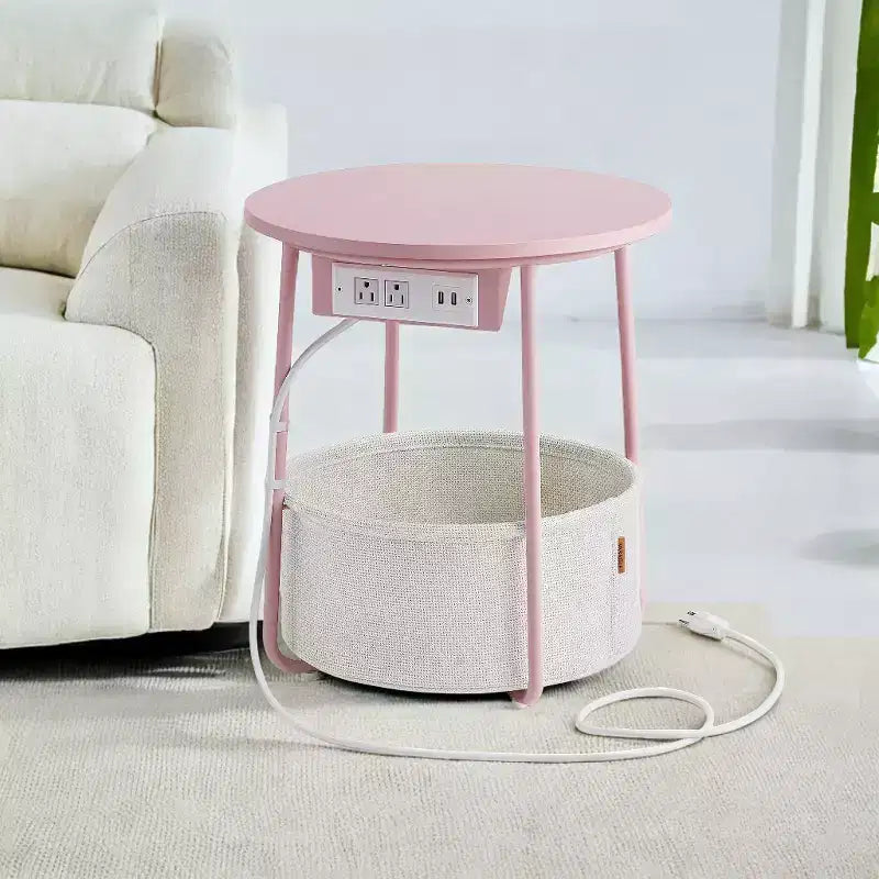 Mesa Auxiliar Redonda con Cesta de Almacenamiento, Varios Colores, Con/Sin USB, para 1