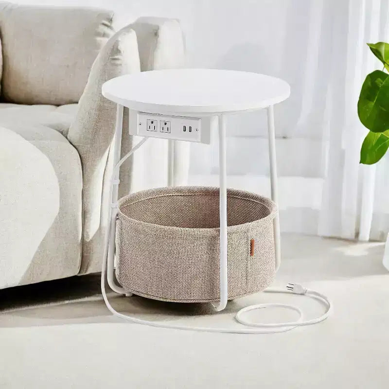 Mesa Auxiliar Redonda con Cesta de Almacenamiento, Varios Colores, Con/Sin USB, para 1