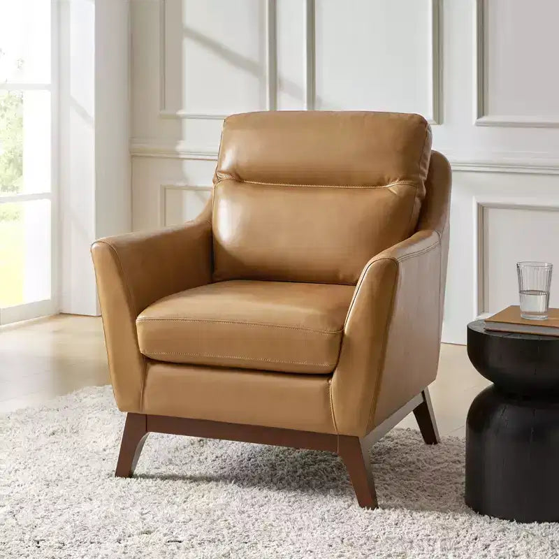 Sillón Individual de Piel Genuina, Modelo Mid-Century Modern, Color Negro/Camel