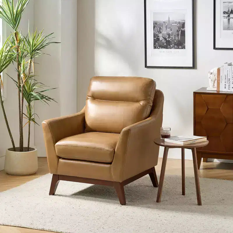 Sillón Individual de Piel Genuina, Modelo Mid-Century Modern, Color Negro/Camel
