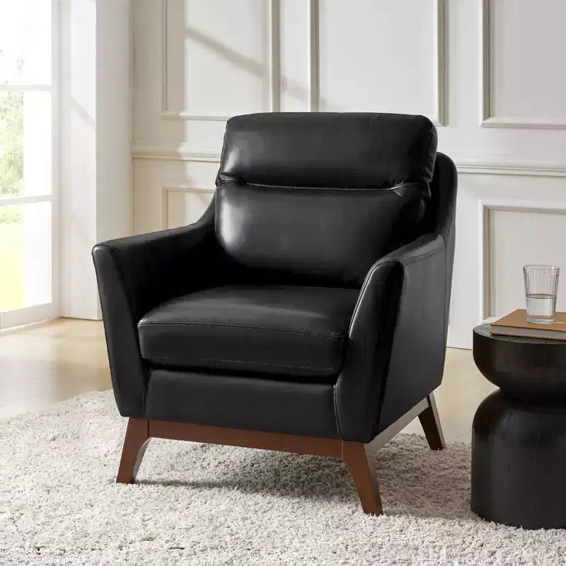 Sillón Individual de Piel Genuina, Modelo Mid-Century Modern, Color Negro/Camel