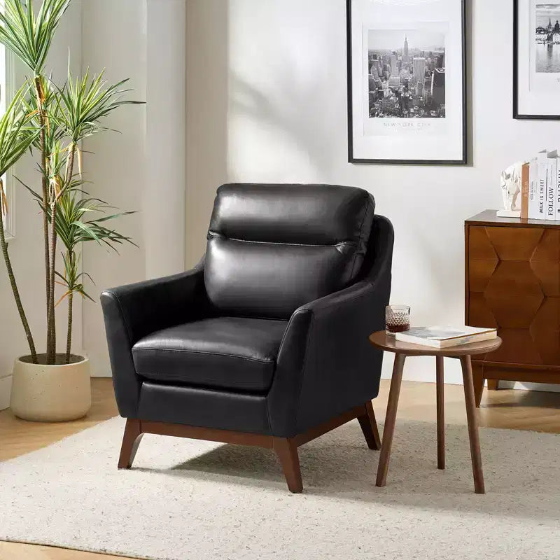 Sillón Individual de Piel Genuina, Modelo Mid-Century Modern, Color Negro/Camel
