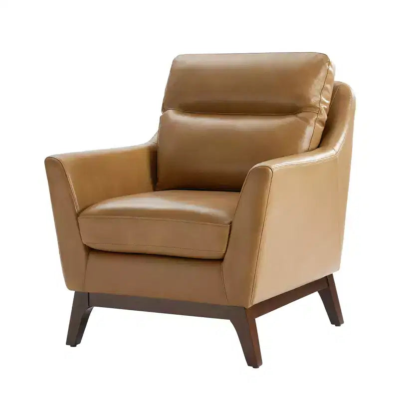 Sillón Individual de Piel Genuina, Modelo Mid-Century Modern, Color Negro/Camel