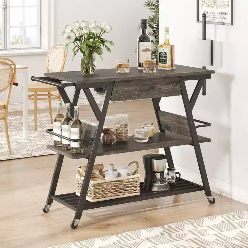 Carro de cocina rodante rústico marrón/gris oscuro vintage con estante de 3 niveles, ruedas con seguro