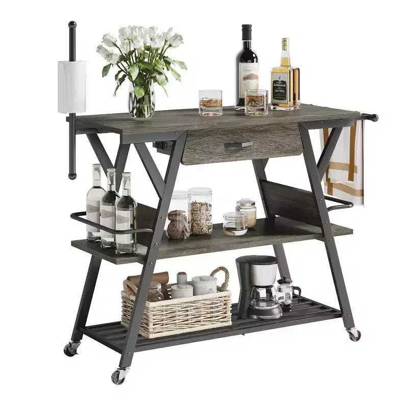 Carro de cocina rodante rústico marrón/gris oscuro vintage con estante de 3 niveles, ruedas con seguro