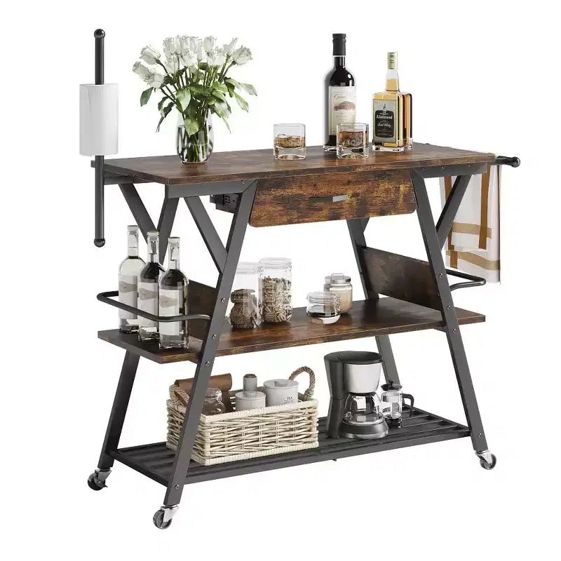 Carro de cocina rodante rústico marrón/gris oscuro vintage con estante de 3 niveles, ruedas con seguro