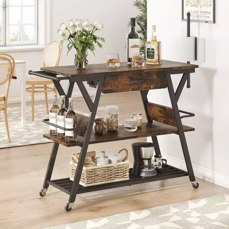Carro de cocina rodante rústico marrón/gris oscuro vintage con estante de 3 niveles, ruedas con seguro