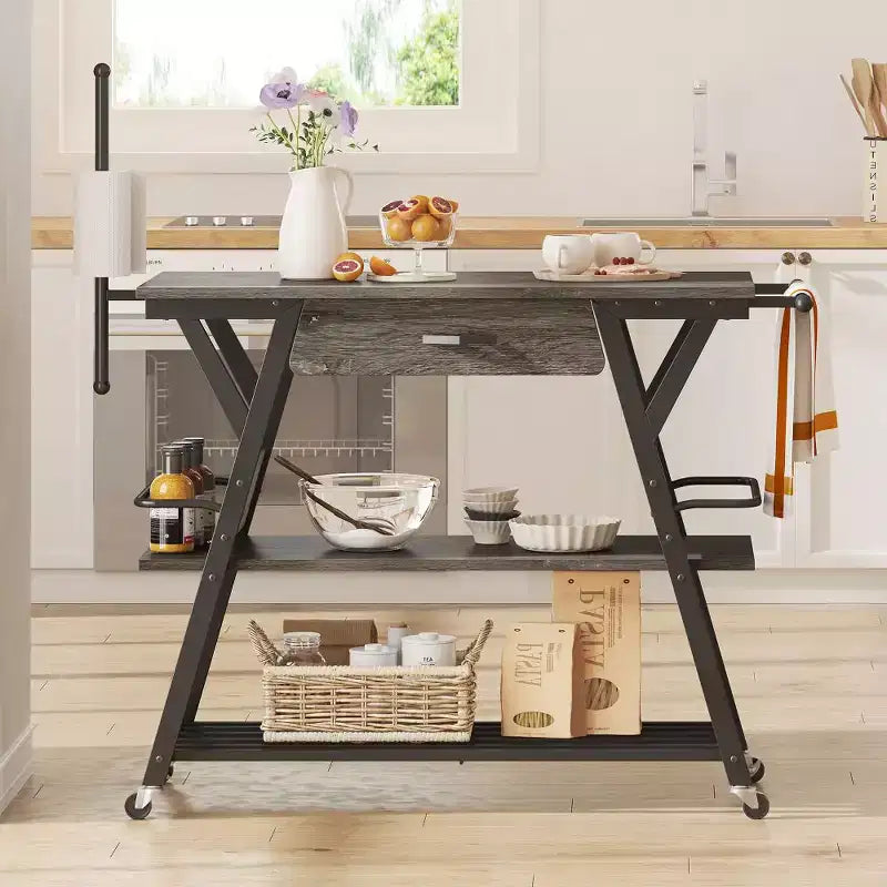 Carro de cocina rodante rústico marrón/gris oscuro vintage con estante de 3 niveles, ruedas con seguro